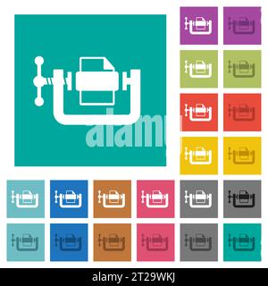 File compression solid multi colored flat icons on plain square backgrounds. Included white and darker icon variations for hover or active effects. Stock Vector