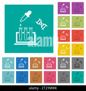 DNA experiment multi colored flat icons on plain square backgrounds. Included white and darker icon variations for hover or active effects. Stock Vector