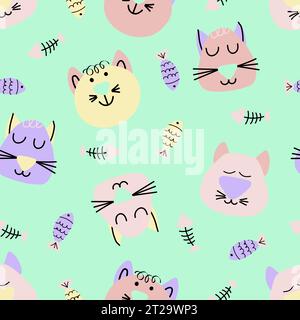 Hand drawn vector seamless pattern of funny cartoon kittens, fish, fish bone Stock Vector