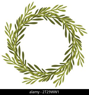 Green Laurel wreath. Vector illustration of a round wreath of tree branches with green leaves isolated on a white. Color botany border with copy space Stock Vector