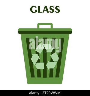 Big Flat green recycle garbage can with text Glass. Trash bin in cartoon style. Recycling trash can. Vector illustration isolated on white. Educationa Stock Vector
