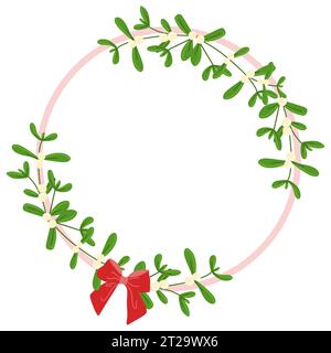 Mistletoe wreath with Red Bow isolated on white. Round vector Botanical Frame, Flat style illustration. Christmas Holiday Decoration, Design element f Stock Vector