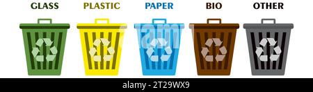 Trash can icon collection. Sorting Bins vector Flat illustration set. Separation concept. Plastic containers for garbage of different types. Waste man Stock Vector