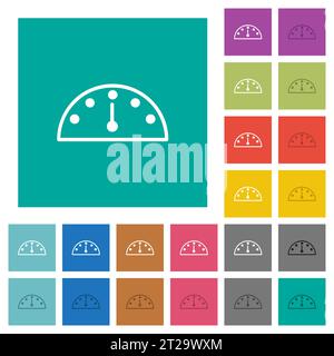 Speedometer outline multi colored flat icons on plain square backgrounds. Included white and darker icon variations for hover or active effects. Stock Vector