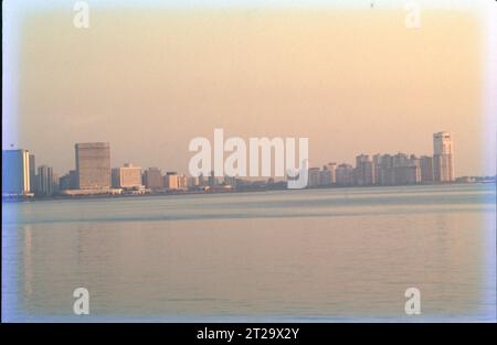 Nariman Point is a prominent downtown area of Mumbai in Maharashtra, India. Located on the southern tip of the Mumbai peninsula, Nariman Point is Mumbai’s business district, with high-rise offices and upscale hotels, popular for sunset drinks at sea-facing bars. It’s home to the National Centre for the Performing Arts, The area lies at the end of Marine Drive, a promenade lined with art deco buildings. Tourist attraction, Sky Line & Arabian Sea. Stock Photo