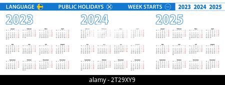 Simple calendar template in Swedish for 2023, 2024, 2025 years. Week starts from Monday. Vector illustration. Stock Vector