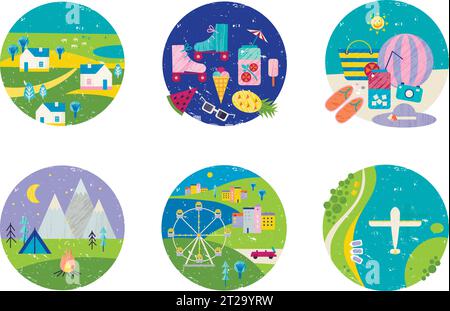 Vector set of summer circle banners, illustrations, design templates. Travel, beach elements, hiking, plane, party, countryside vacations Stock Vector