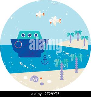 Vector summer colorful illustration, travelling, holidays. Ship, exotic circle view Stock Vector