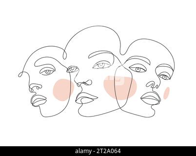 Vector linear faces art, women portrait. Continuous line, fashion beauty concept, woman minimalist illustration, monoline. Art poster Stock Vector