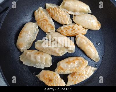 several gyoza cooking in a pan Stock Photo