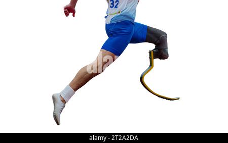 athlete runner sprinter on prosthesis running stadium track, isolated on white background Stock Photo