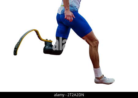 male runner para-athlete on prosthesis running track stadium, isolated on white background Stock Photo