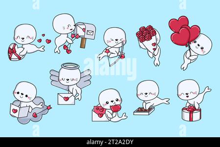 Set of Cartoon Kawaii Seal Illustrations in Love. Collection of Cute Vector Isolated Baby Seal Stock Vector