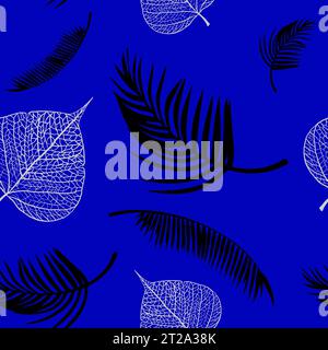 Botanical seamless pattern, black and white leaves with vines on bright blue background. Stock Vector