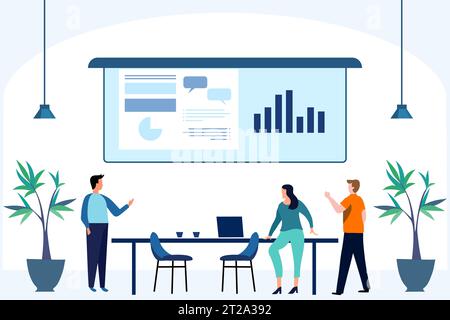 Modern flat vector illustration of people collaboration in the office. Co-working center. Business meeting presentation. People talking and working. T Stock Vector