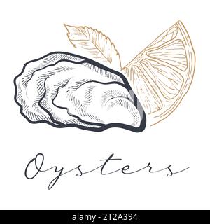 Oyster with lemon hand drawn sketch vector illustration. Closed oyster shell in front of lemon with text. Stock Vector
