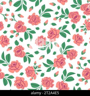 Vintage pattern with pink roses and leaves on white background. Retro flowers pattern. Vector illustration Stock Vector