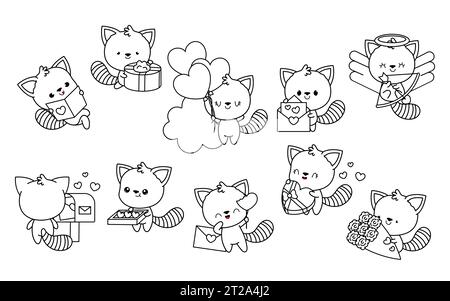 Collection of Vector Kawaii Red Panda Coloring Page. Set of Isolated Cartoon Baby Red Panda Outline Stock Vector