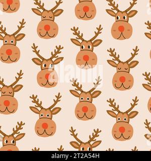 Christmas reindeer Rudolf character seamless pattern on beige, reindeer with different emotions. Christmas deer pattern, deer character for kids. Vector illustration Stock Vector