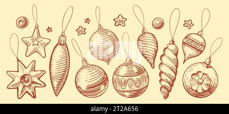 Set of hand drawn Christmas balls and baubles. Holiday decoration. Doodles and sketches vector illustration Stock Vector