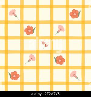 Cottagecore yellow check plaid gingham print wallpaper with floral seamless pattern. Hand drawn red doodle flowers Cottagecore Chintz rustic botanical Stock Vector