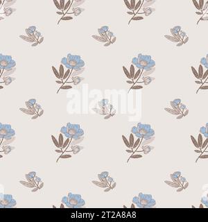 A hand-drawn floral pattern with blue flowers on a beige background, in the style of minimalist backgrounds Stock Vector