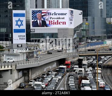 Tel Aviv, Israel. 18th Oct, 2023. A billboard welcomes U.S. President Joe Biden to Tel Aviv for meeetings with Israeli Prime Minister Benjamin Netanyahu on Wednesday, October 18, 2023. Photo by Debbie Hill/ Credit: UPI/Alamy Live News Stock Photo