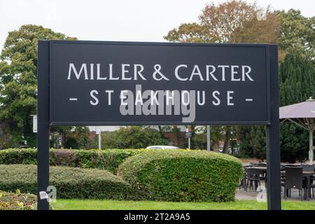 Taplow, UK. 18th October, 2023. A Miller & Carter Steakhouse in Taplow, Buckinghamshire. Miller & Carter, the steakhouse chain that is owned by the pub group Mitchells & Butlers, has been criticised for allegedly taking payments from waiting staff at some of their restaurants worth up to 2% of the sales they serve up thereby cutting the income for waiting staff. The money is then reportedly used to subsidise the pay for chefs and kitchen staff. The subject of tips has been a sore point with many waiting staff in general for many years, who feel that if they are given a tip by a customer, that Stock Photo