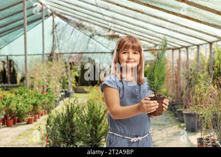 Portrait of a little girl holding a small evergreen tree pot in a glasshouse Stock Photo