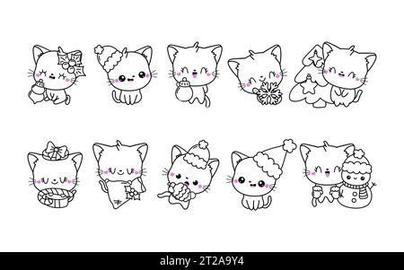 Set of Kawaii Christmas Cat Coloring Page. Collection of Cute Vector Christmas Animal Outline Stock Vector