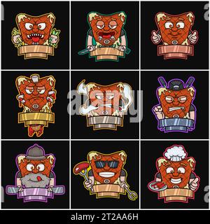 Set Of Beef Steak Mascot Character Cartoon. Blank Sign Logo. Vectors and Illustrations. Vectors and Illustrations Stock Vector