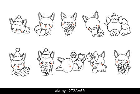 Set of Kawaii Corgi Dog Coloring Page Illustrations. Collection of Cute