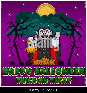 Dracula Holding Candy. Happy Halloween. Trick or Treat. Greeting Card, Invitation and Poster. Vectors and Illustrations. Stock Vector
