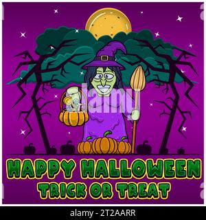 Witch Holding Candy. Happy Halloween. Trick and Treat. Greeting Card, Invitation and Poster. Vectors and Illustrations. Stock Vector