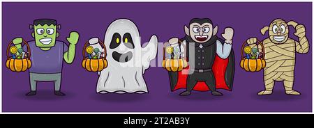 Green Zombie, White Ghost, Dracula, and Mummy. Halloween Set Mascot Characters. Vectors and Illustrations. Stock Vector