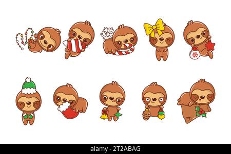 Set of Kawaii Christmas Sloth. Collection of Cute Vector Xmas Animal Illustrations for Stickers. Stock Vector