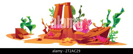 Seaweed and coral on rock underwater vector illustration. Ocean reef icon with alga, kelp grass and stone painting for wild life. Game concept with bo Stock Vector