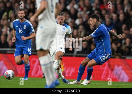 London, England. 17/10/2023, Kalvin Phillips (England)Gianluca Scamacca (Italy) during the UEFA 'European Qualifier 2023-2024' match between England 3-1 Italy at Wembley Stadium on October 173, 2023 in London, England. Credit: Maurizio Borsari/AFLO/Alamy Live News Stock Photo