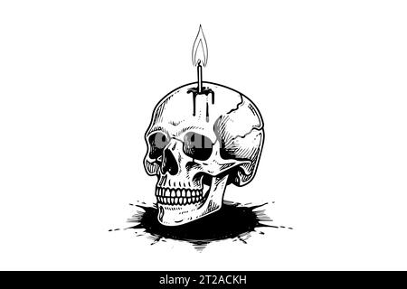 Scull with candle hand drawn ink sketch. Engraved style vector illustration. Stock Vector