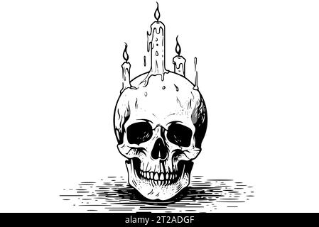 Scull with candle hand drawn ink sketch. Engraved style vector illustration. Stock Vector
