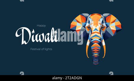Indian holiday Happy Diwali banner. Deepavali India festival of lights horizontal cover. Deity elephant Ganesha. Hindu traditional celebration print. Creative art modern minimal graphic vector design Stock Vector