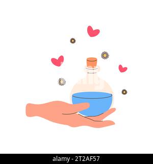 hand holding potion flask with hearts. vector illustration Stock Vector