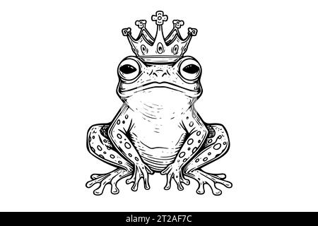 Princess frog in crown hand drawn ink sketch. Engraved style vector illustration. Stock Vector