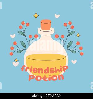 Friendship potion with plants on background, postcard, vector illustration. Stock Vector