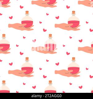 Seamless pattern hand holding potion in flask pink esoteric . Vector Stock Vector