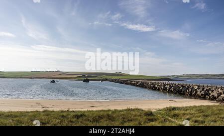 Churchill Barrier 3 and Sunken Ships from Glimps Holm, Scapa Flow, Orkney Islands, Scotland, UK Stock Photo
