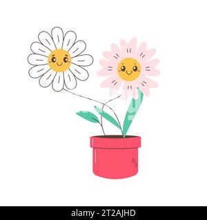 two daisies, chamomile, daisy flower in red pot. Vector illustration Stock Vector