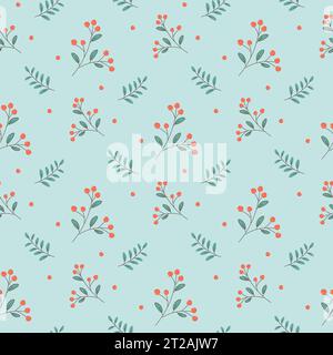 Seamless pattern berries and twigs and leaves. green background, plants. Vector Stock Vector