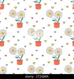 Seamless pattern daisy in pot, flower, with hearts, baby cute . Vector Stock Vector