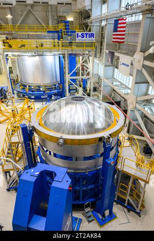 . These images and videos show technicians at NASA’s Michoud Assembly Facility in New Orleans lifting and installing the liquid oxygen dome weld confidence article for a future upper stage for NASA’s SLS (Space Launch System) rocket onto the LTAC (LOX Tank Assembly Center) in Building 115 at Michoud for the next phase of manufacturing in July 2023.  The dome makes up a portion of the liquid oxygen tank weld confidence article for the EUS (exploration upper stage). Teams use weld confidence articles to verify welding procedures and structural integrity of the welds to manufacture structural tes Stock Photo